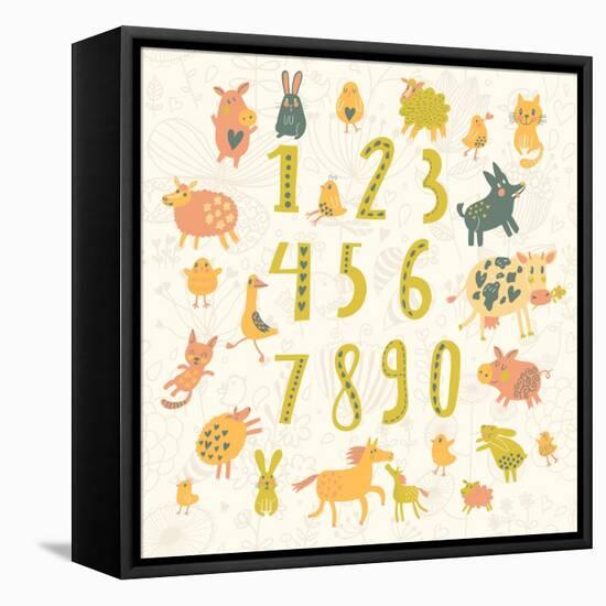 Learn to Count. All Numbers and Funny Cartoon Animals: Cat, Dog, Cow, Horse, Rabbit and Others in C-smilewithjul-Framed Stretched Canvas