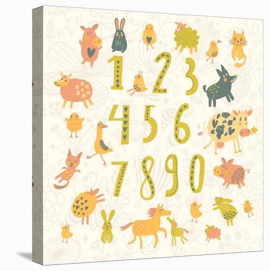 Learn to Count. All Numbers and Funny Cartoon Animals: Cat, Dog, Cow, Horse, Rabbit and Others in C-smilewithjul-Stretched Canvas