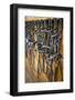 Leather Horse Bridles and Bits Hanging on Wall of Stable-elenathewise-Framed Photographic Print