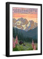 Leavenworth, Washington - Bears and Spring Flowers-Lantern Press-Framed Art Print