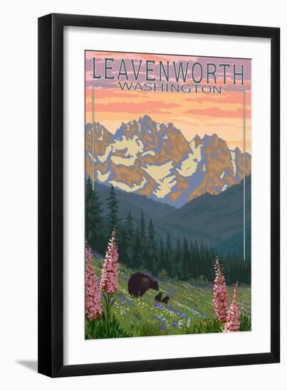Leavenworth, Washington - Bears and Spring Flowers-Lantern Press-Framed Art Print