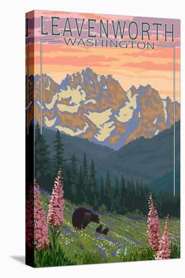 Leavenworth, Washington - Bears and Spring Flowers-Lantern Press-Stretched Canvas