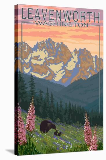 Leavenworth, Washington - Bears and Spring Flowers-Lantern Press-Stretched Canvas