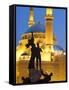 Lebanon, Beirut, Statue in Martyr's Square and Mohammed Al-Amin Mosque at Dusk-Nick Ledger-Framed Stretched Canvas
