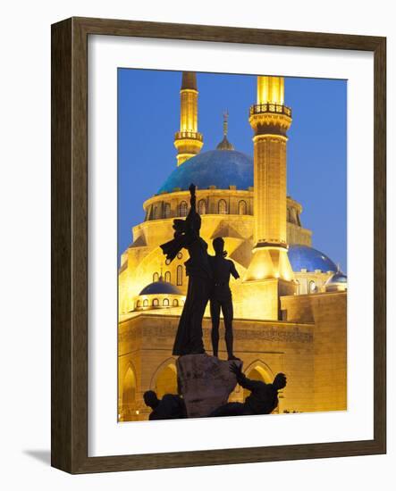 Lebanon, Beirut, Statue in Martyr's Square and Mohammed Al-Amin Mosque at Dusk-Nick Ledger-Framed Photographic Print