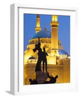 Lebanon, Beirut, Statue in Martyr's Square and Mohammed Al-Amin Mosque at Dusk-Nick Ledger-Framed Photographic Print