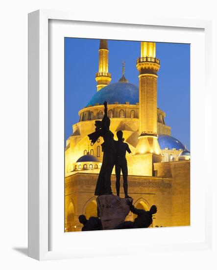 Lebanon, Beirut, Statue in Martyr's Square and Mohammed Al-Amin Mosque at Dusk-Nick Ledger-Framed Photographic Print