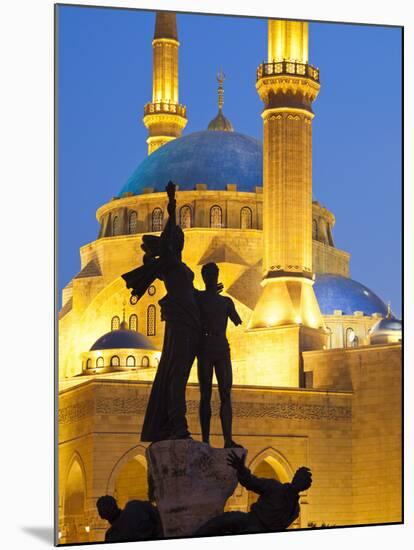 Lebanon, Beirut, Statue in Martyr's Square and Mohammed Al-Amin Mosque at Dusk-Nick Ledger-Mounted Photographic Print