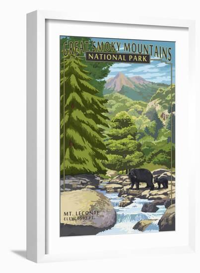 Leconte Creek and Mt. Leconte - Great Smoky Mountains National Park, TN-Lantern Press-Framed Art Print