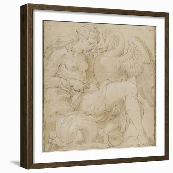 Léda à demie-nue assise jouant avec un cygne-Nicolò dell' Abate-Framed Giclee Print