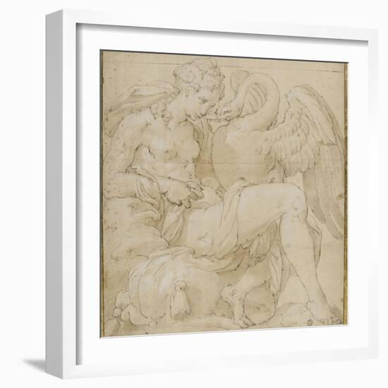 Léda à demie-nue assise jouant avec un cygne-Nicolò dell' Abate-Framed Giclee Print