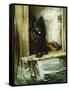 Left in Charge - a Black Pomerain on the Steps of a Bathing Machine-Philip Eustace Stretton-Framed Stretched Canvas