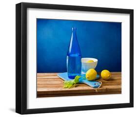 Lemons and Bottle Still Life-null-Framed Art Print