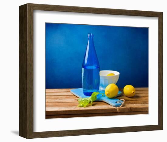 Lemons and Bottle Still Life-null-Framed Art Print