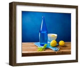 Lemons and Bottle Still Life-null-Framed Art Print