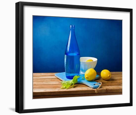 Lemons and Bottle Still Life-null-Framed Art Print