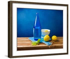 Lemons and Bottle Still Life-null-Framed Art Print