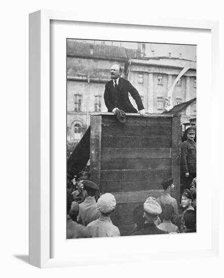Lenin Delivering a Speech in a Moscow Square, with Trotsky Watching, 1918-null-Framed Photographic Print