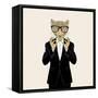 Leopard Dressed up in Tuxedo Adjusting His Bow Tie-Olga_Angelloz-Framed Stretched Canvas