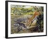 Leopard (Panthera Pardus), Felidae, Assaulting Black Caiman (Melanosuchus Niger), Alligatoridae-null-Framed Giclee Print