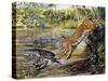 Leopard (Panthera Pardus), Felidae, Assaulting Black Caiman (Melanosuchus Niger), Alligatoridae-null-Stretched Canvas