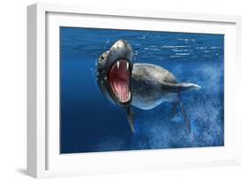 Leopard Seal Swimming Underwater Showing its Sharp Teeth-null-Framed Art Print