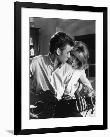 LES PARISIENNES, 1961 directed by MARC ALLEGRET Johnny Hallyday and Catherine Deneuve (b/w photo)-null-Framed Photo