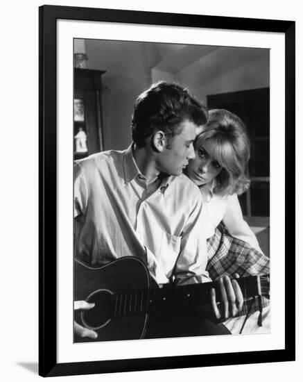 LES PARISIENNES, 1961 directed by MARC ALLEGRET Johnny Hallyday and Catherine Deneuve (b/w photo)-null-Framed Photo