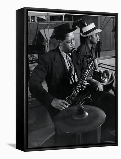Lester Young and Trombonist at Recording Session for Jammin' the Blues-Gjon Mili-Framed Stretched Canvas