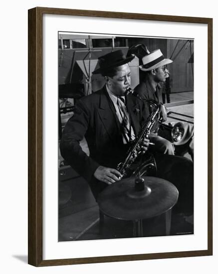 Lester Young and Trombonist at Recording Session for Jammin' the Blues-Gjon Mili-Framed Premium Photographic Print
