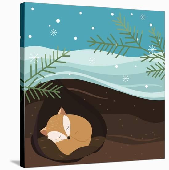 Let it Snow. Fox Sleeping in a Hole. Holiday Background. Christmas Vector.-Teamarwen-Stretched Canvas