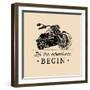 Let the Adventures Begin Inspirational Poster. Vector Hand Drawn Motorcycle for MC Sign, Label. Vin-Vlada Young-Framed Art Print