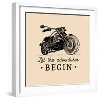 Let the Adventures Begin Inspirational Poster. Vector Hand Drawn Motorcycle for MC Sign, Label. Vin-Vlada Young-Framed Art Print