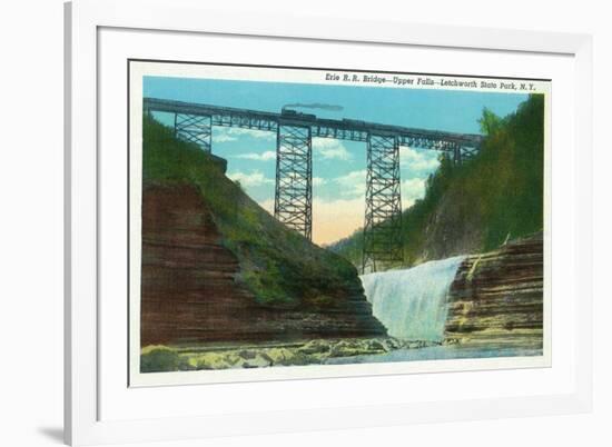 Letchworth State Park, New York - View of Erie Railroad Train on Bridge by Upper Falls-Lantern Press-Framed Premium Giclee Print