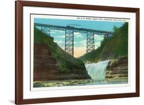 Letchworth State Park, New York - View of Erie Railroad Train on Bridge by Upper Falls-Lantern Press-Framed Premium Giclee Print