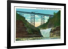 Letchworth State Park, New York - View of Erie Railroad Train on Bridge by Upper Falls-Lantern Press-Framed Premium Giclee Print