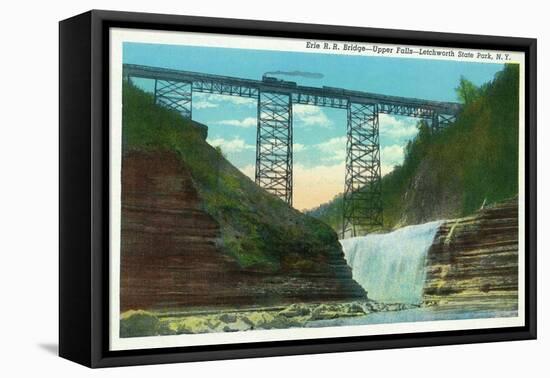 Letchworth State Park, New York - View of Erie Railroad Train on Bridge by Upper Falls-Lantern Press-Framed Stretched Canvas