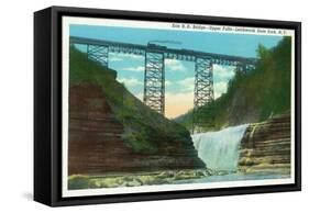 Letchworth State Park, New York - View of Erie Railroad Train on Bridge by Upper Falls-Lantern Press-Framed Stretched Canvas