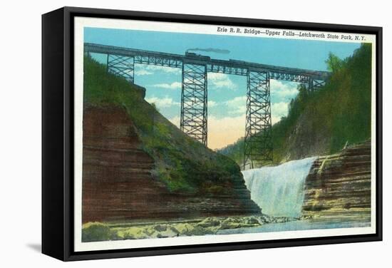 Letchworth State Park, New York - View of Erie Railroad Train on Bridge by Upper Falls-Lantern Press-Framed Stretched Canvas