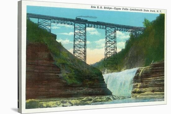 Letchworth State Park, New York - View of Erie Railroad Train on Bridge by Upper Falls-Lantern Press-Stretched Canvas