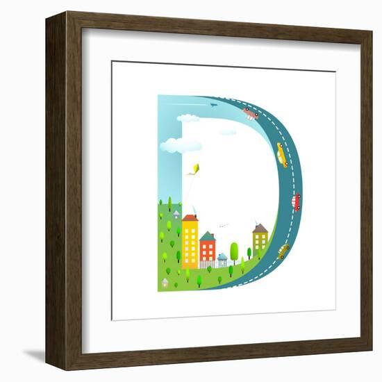 Letter D of the Latin Alphabet Funny Cartoon ABC for Children. for Kids Boys and Girls with City, H-Popmarleo-Framed Art Print