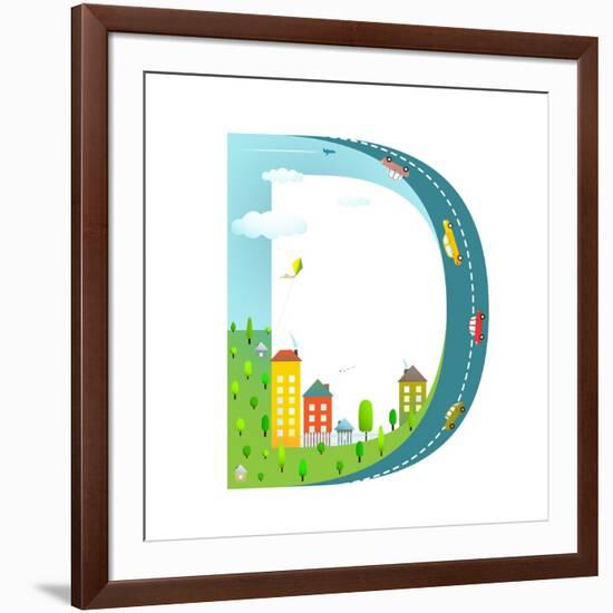 Letter D of the Latin Alphabet Funny Cartoon ABC for Children. for Kids Boys and Girls with City, H-Popmarleo-Framed Art Print