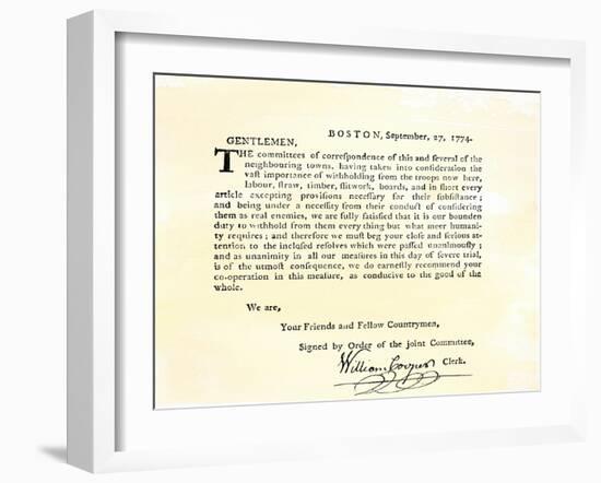 Letter from Boston's Committee of Correspondence Urging Supplies Be Withheld from British, c.1774-null-Framed Giclee Print