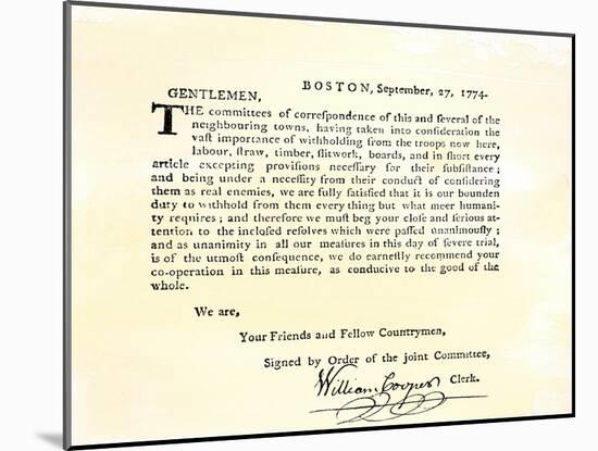 Letter from Boston's Committee of Correspondence Urging Supplies Be Withheld from British, c.1774-null-Mounted Giclee Print