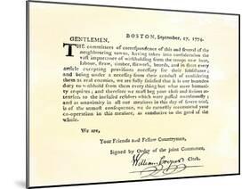 Letter from Boston's Committee of Correspondence Urging Supplies Be Withheld from British, c.1774-null-Mounted Giclee Print