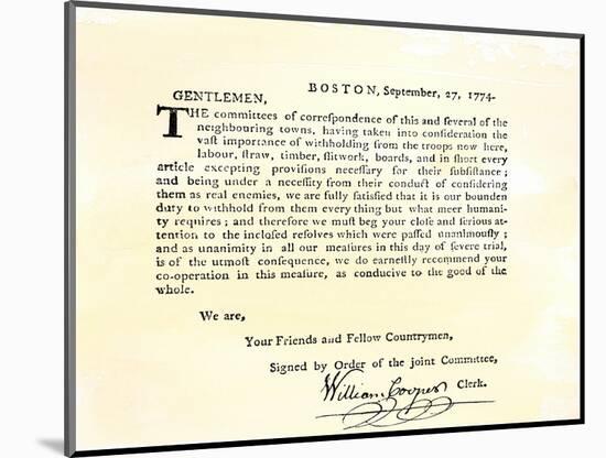 Letter from Boston's Committee of Correspondence Urging Supplies Be Withheld from British, c.1774-null-Mounted Giclee Print