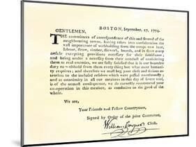 Letter from Boston's Committee of Correspondence Urging Supplies Be Withheld from British, c.1774-null-Mounted Giclee Print