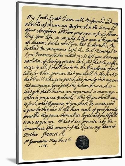 Letter from James Edward Stuart to Simon Fraser, Lord Lovat, St Germains, 3rd May 1703-James Stuart-Mounted Giclee Print