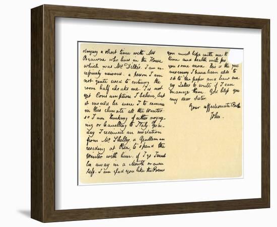 Letter from John Keats to His Sister, Fanny Keats, 14th August 1820-John Keats-Framed Giclee Print