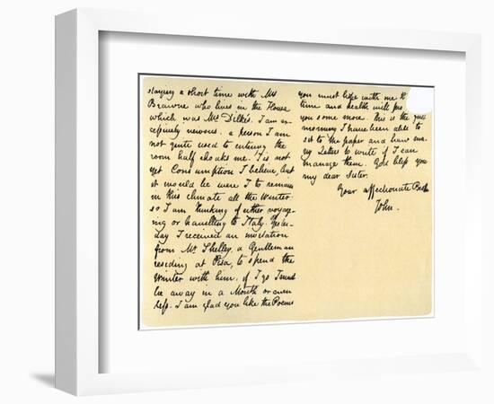 Letter from John Keats to His Sister, Fanny Keats, 14th August 1820-John Keats-Framed Giclee Print